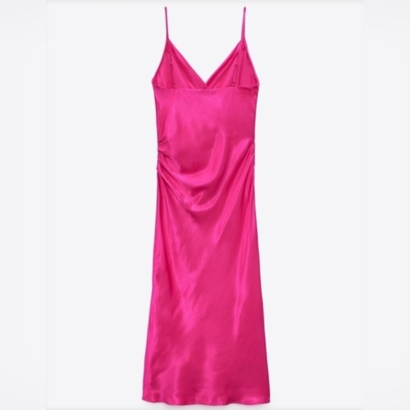 Zara Women's Hot Pink Fuchsia Satin Surplice Neckline Ruched Wrap Midi Dress, XS - Picture 3 of 12